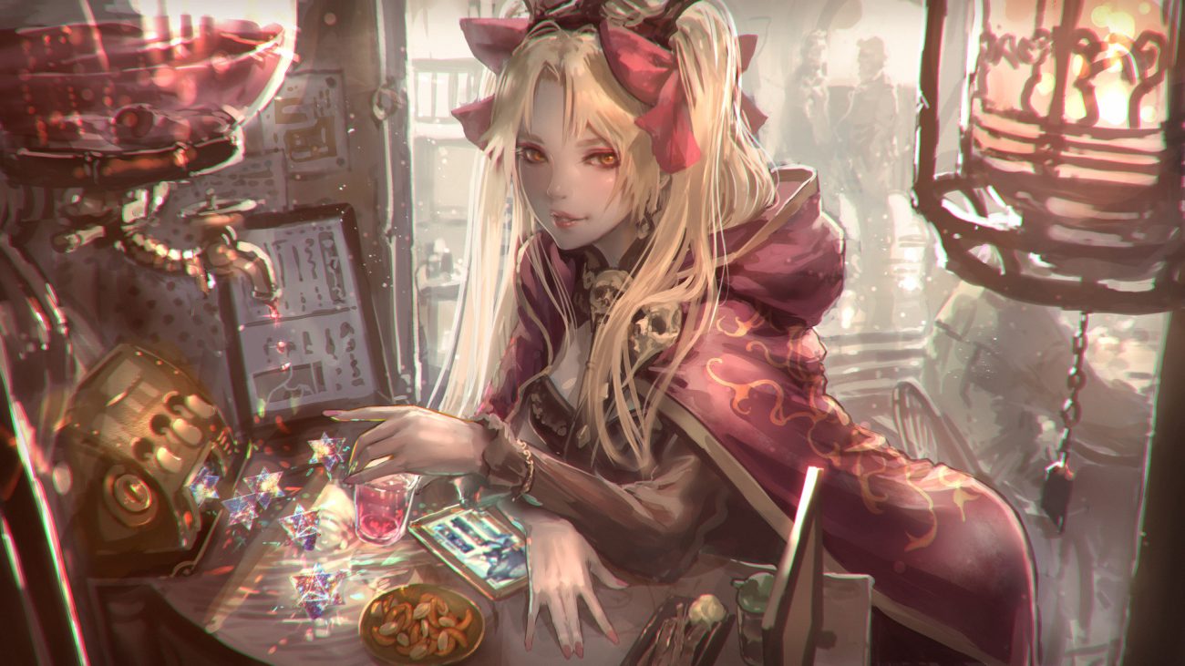 blonde hair cape drink ereshkigal (fate/grand order) fate/grand order fate (series) food hood jpeg artifacts kaburagi yasutaka long hair orange eyes twintails