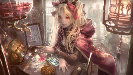 blonde hair cape drink ereshkigal (fate/grand order) fate/grand order fate (series) food hood jpeg artifacts kaburagi yasutaka long hair orange eyes twintails