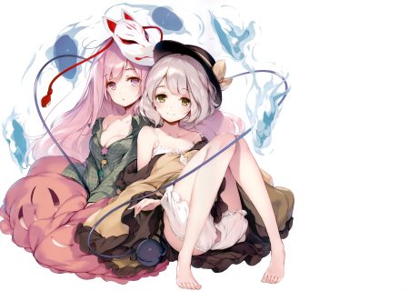 2girls barefoot bloomers breasts cleavage gray hair green eyes hat hata no kokoro ke-ta komeiji koishi long hair magic mask nopan pink eyes pink hair scan short hair touhou white