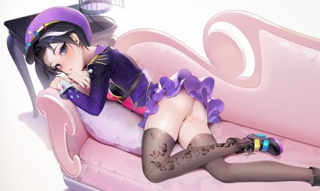 ass black hair blue eyes boots cage casey (shining star) couch cum dress hat nopan pussy shining star short hair thighhighs uncensored wntame