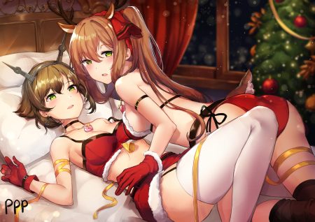 2girls animal ears anthropomorphism ass bada (jksh5056) bed bikini brown hair christmas crossover girls frontline gloves green eyes long hair mutsu (kancolle) ponytail ribbons short hair springfield (girls frontline) swimsuit tail thighhighs tree