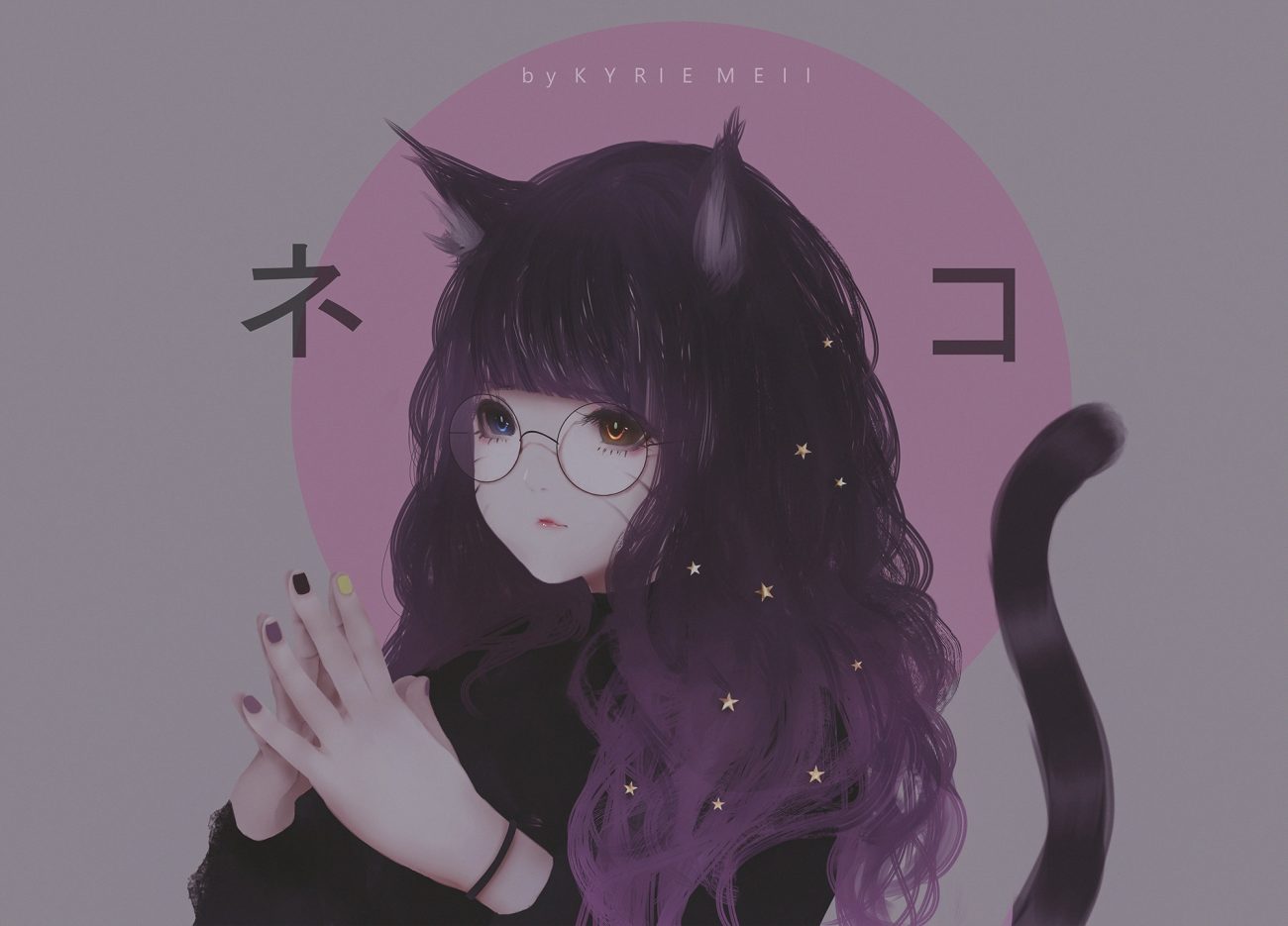 animal ears bicolored eyes catgirl glasses kyrie meii long hair original purple hair tail watermark wristwear