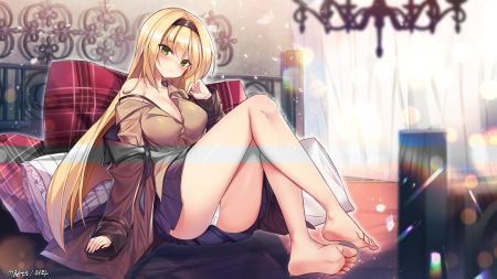 anthropomorphism barefoot bed blonde hair blush breasts cameltoe cleavage girls frontline green eyes headband long hair m1 garand (girls frontline) maett panties signed skirt underwear
