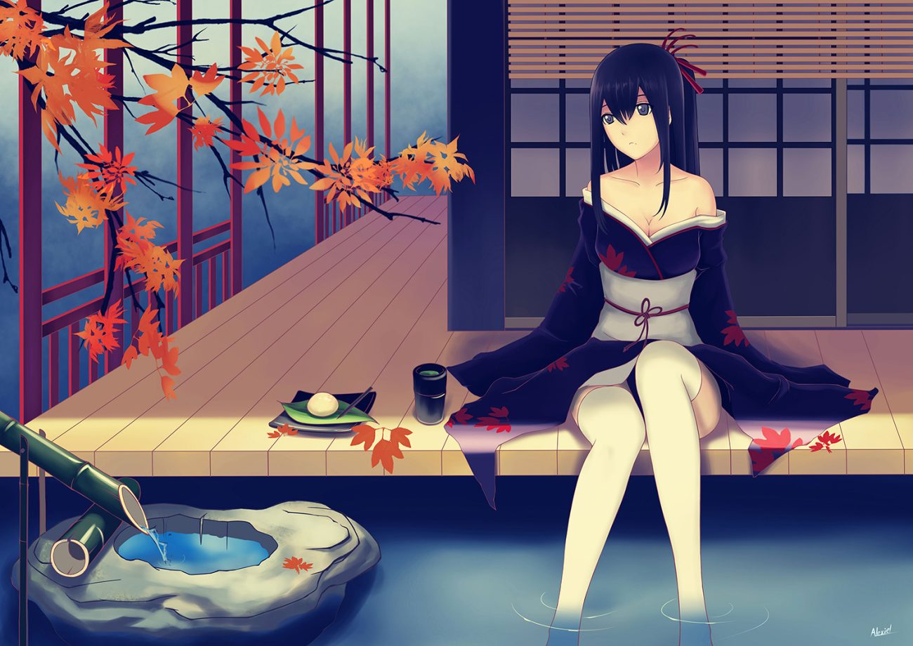 alexiel (pixiv6211566) autumn black eyes black hair breasts cleavage drink food japanese clothes kimono leaves long hair original signed thighhighs water
