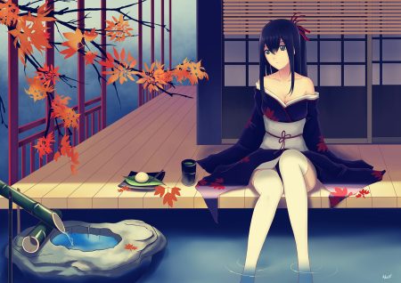 alexiel (pixiv6211566) autumn black eyes black hair breasts cleavage drink food japanese clothes kimono leaves long hair original signed thighhighs water