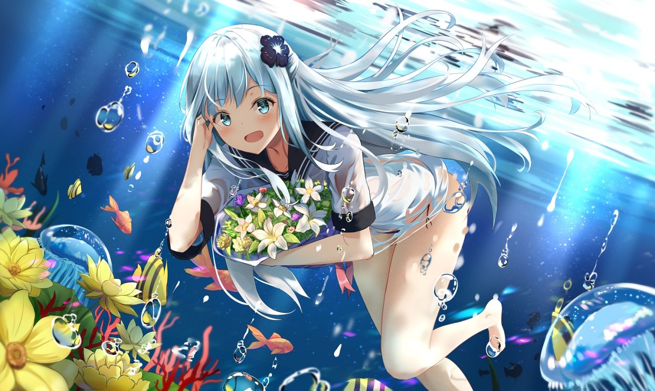 animal barefoot blush bubbles fish flowers green eyes jpeg artifacts long hair mobu original school uniform underwater water white hair