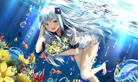 animal barefoot blush bubbles fish flowers green eyes jpeg artifacts long hair mobu original school uniform underwater water white hair