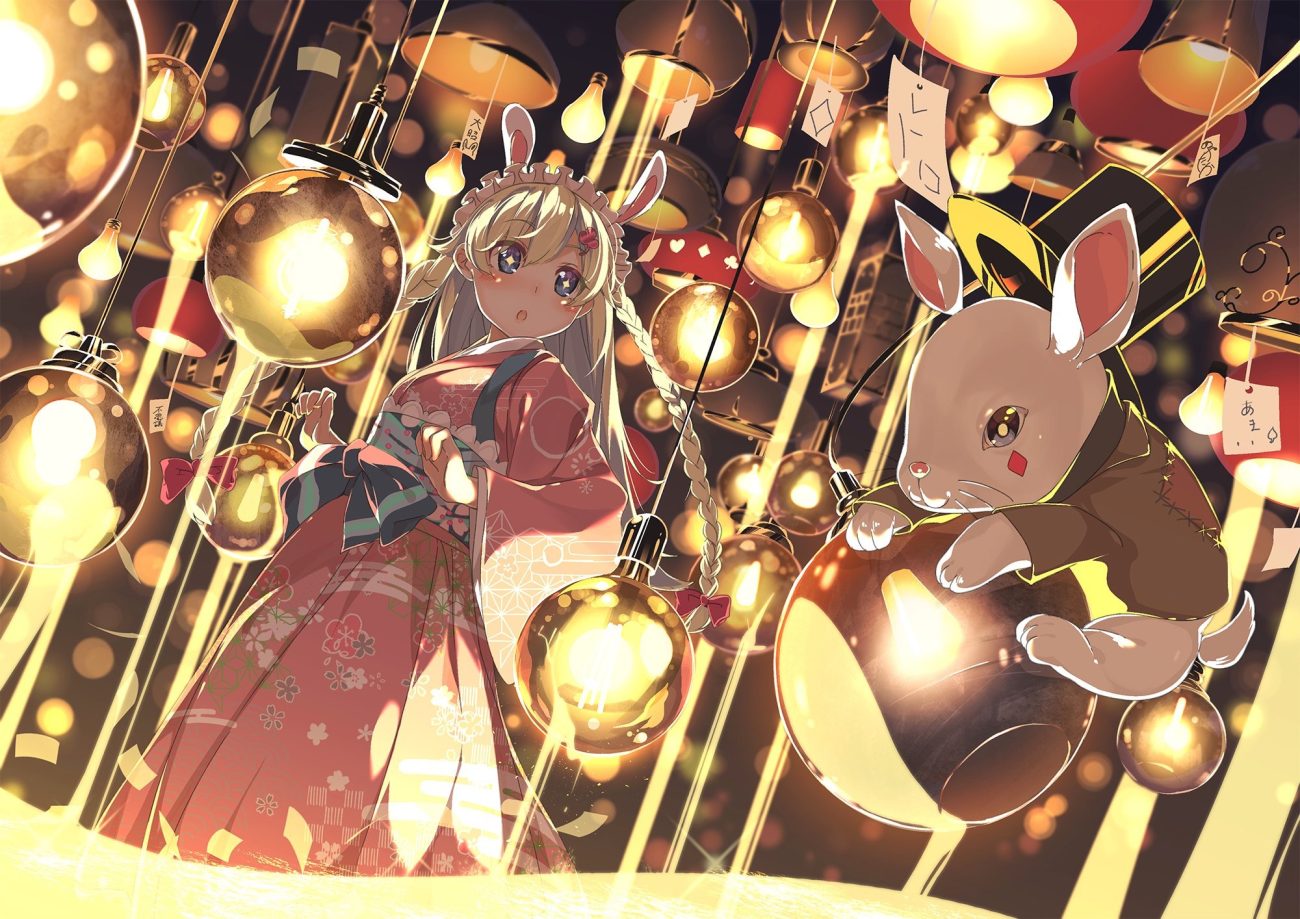 animal animal ears ayataka blonde hair blue eyes blush braids bunny ears bunnygirl headdress japanese clothes kimono long hair original rabbit