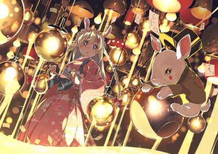 animal animal ears ayataka blonde hair blue eyes blush braids bunny ears bunnygirl headdress japanese clothes kimono long hair original rabbit