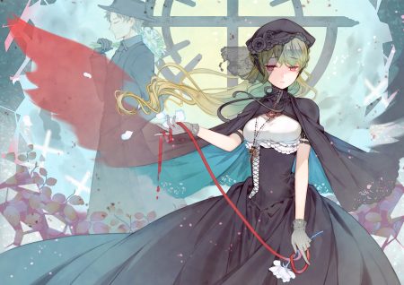 blonde hair cape choker corset dress flowers gloves goth-loli hat headdress kuroyuki lolita fashion long hair male necklace original pink eyes ribbons rose