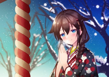 anthropomorphism aqua eyes braids brown hair ittokyu japanese clothes kantai collection kimono long hair ponytail rope shigure (kancolle) signed snow tree
