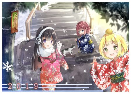 aliasing animal black hair blonde hair blue eyes brown hair cat earmuffs food fruit gloves green eyes japanese clothes kimono loli original purple eyes shiraki shiori snow stairs winter