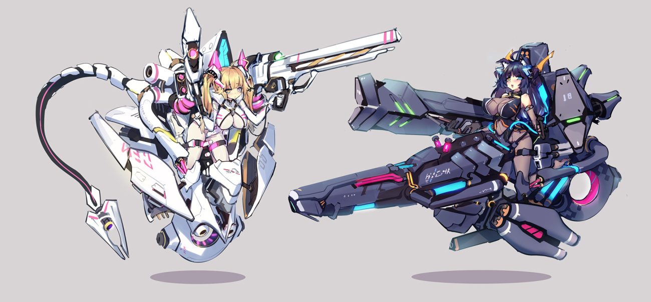 2girls animal ears bicolored eyes black hair blonde hair bodysuit breasts dk senie erect nipples gun long hair mechagirl original skintight twintails weapon