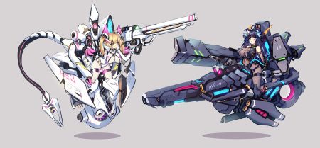 2girls animal ears bicolored eyes black hair blonde hair bodysuit breasts dk senie erect nipples gun long hair mechagirl original skintight twintails weapon