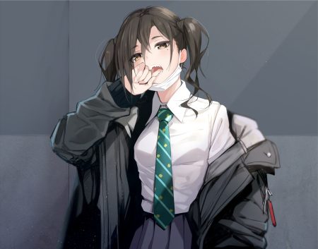 brown eyes brown hair cropped fang giba (out-low) idolmaster idolmaster cinderella girls long hair mask school uniform skirt sunazuka akira tie twintails