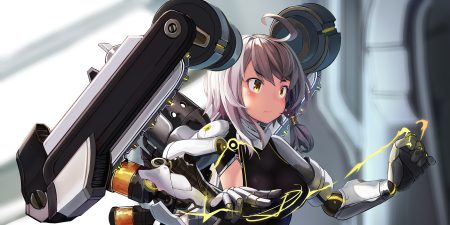 blush breasts gray hair mechagirl natori youkai original ponytail short hair techgirl yellow eyes