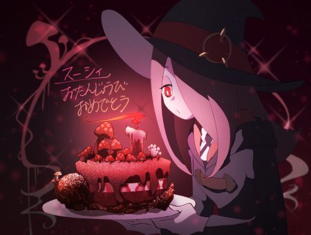 cake chihiri dark food hat hood little witch academia long hair pink hair red eyes skull sucy manbavaran witch witch hat