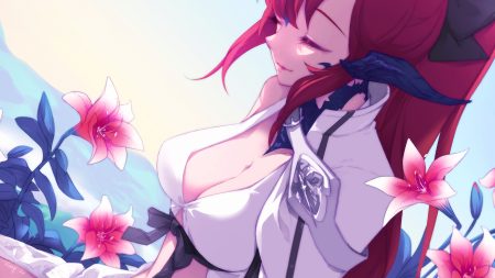 au ra breasts cleavage close cosplay drag-on dragoon dress final fantasy final fantasy xiv flowers horns long hair ponytail rain (ranqili) red hair signed