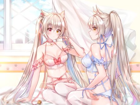 2girls animal ears bell bicolored eyes blonde hair bow bra catgirl cuna (qunya) long hair original panties twins twintails underwear