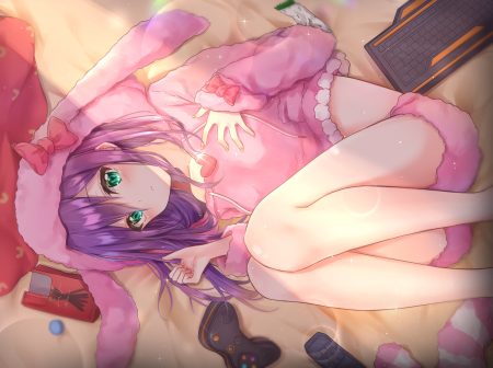 animal ears bow cuna (qunya) food green eyes hood idolmaster idolmaster million live! long hair mochizuki anna pajamas pocky purple hair shorts