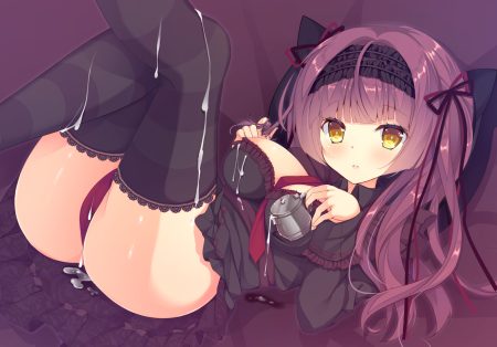 blush breasts cleavage goth-loli headdress humuyun lolita fashion long hair original panties purple hair thighhighs underwear yellow eyes