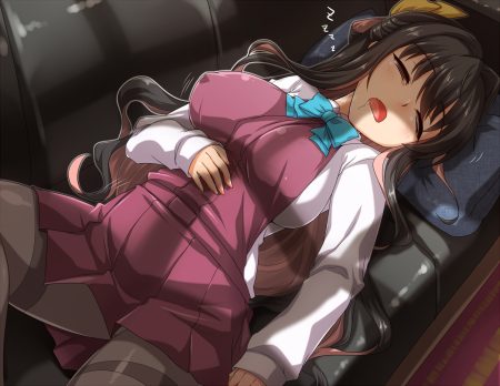 anthropomorphism black hair bow breasts couch erect nipples kantai collection long hair naganami (kancolle) pantyhose sleeping yoshi tama