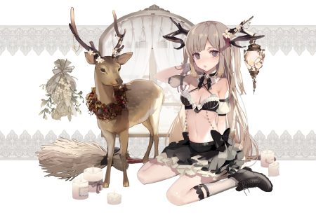 animal boots bow breasts brown hair flowers horns kneehighs long hair navel original skirt yukisame