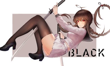 braids brown hair katana long hair ponytail pre (preecho) red eyes school uniform skirt sword thighhighs vocaloid vsinger weapon yuezheng ling