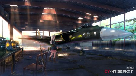 aircraft animal ears aqua eyes boots combat vehicle computer gray hair gun industrial long hair original scenic shade sion005 skirt tail weapon