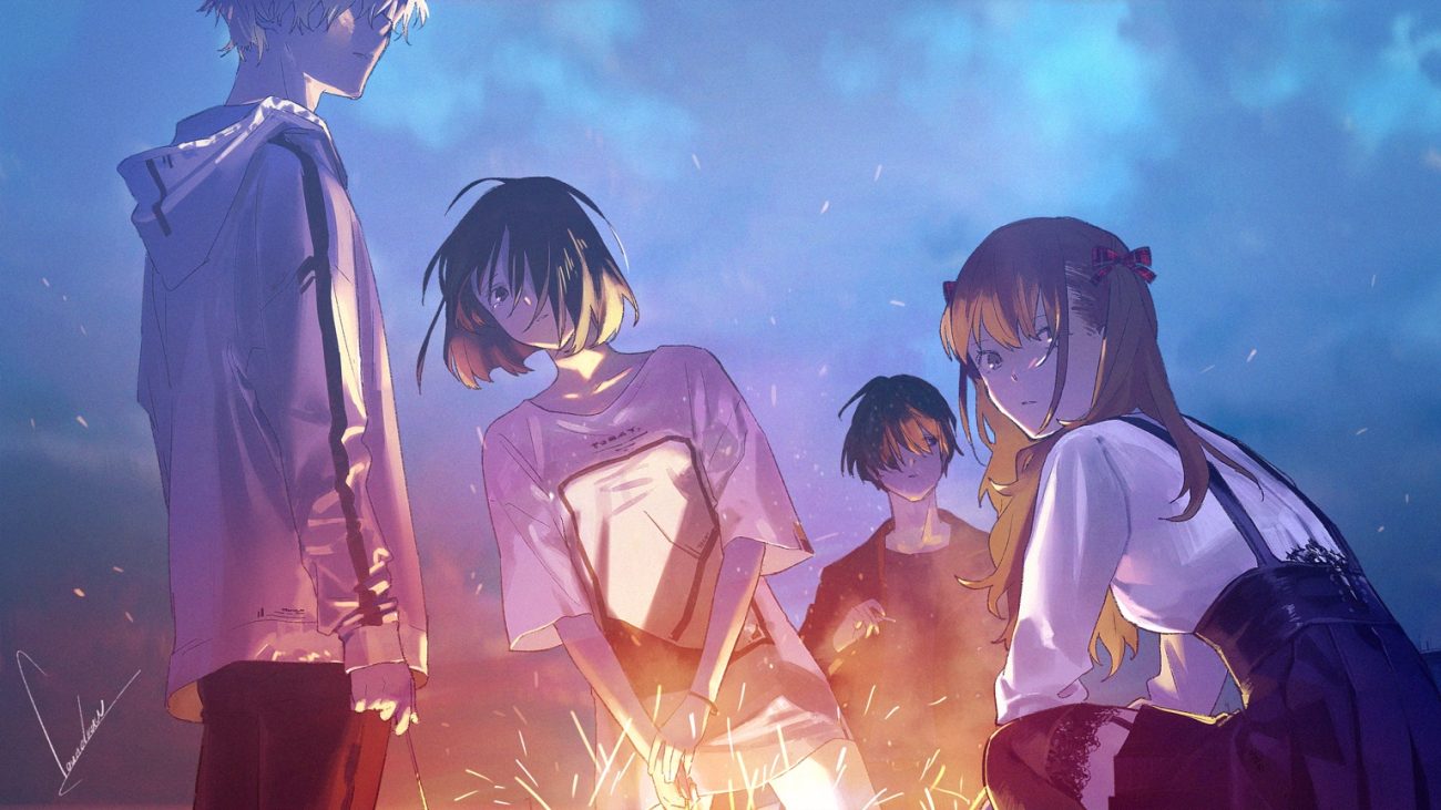 blonde hair brown eyes brown hair fireworks group long hair loundraw male original short hair signed stockings thighhighs wristwear