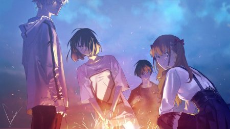 blonde hair brown eyes brown hair fireworks group long hair loundraw male original short hair signed stockings thighhighs wristwear