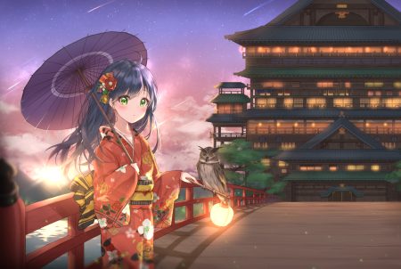 animal bird black hair blush building clouds cuna (qunya) green eyes japanese clothes kimono long hair original owl sky umbrella water