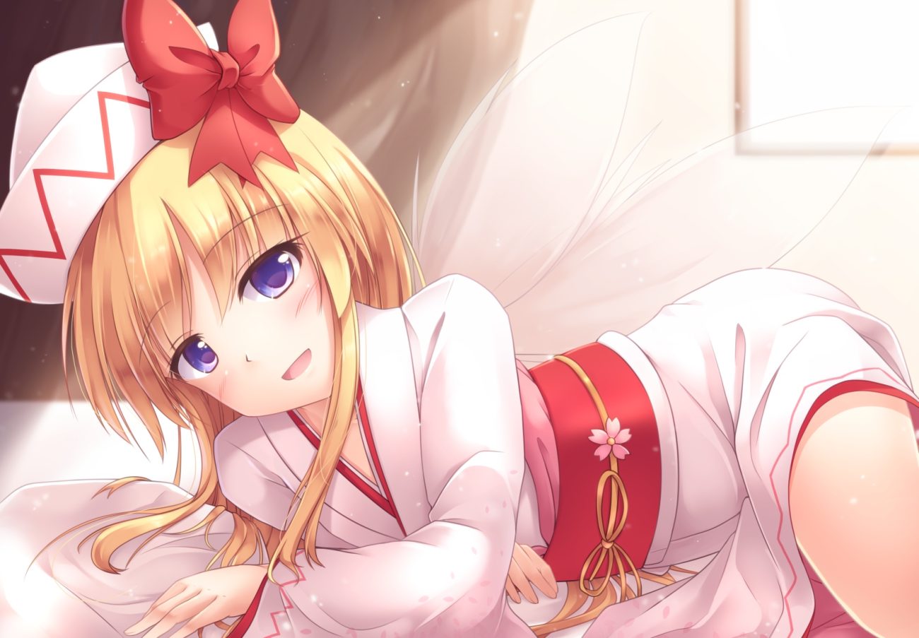 blonde hair blue eyes blush fairy hat japanese clothes kimono lily white long hair lzh touhou wings
