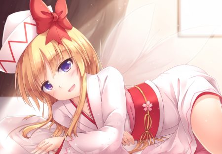 blonde hair blue eyes blush fairy hat japanese clothes kimono lily white long hair lzh touhou wings