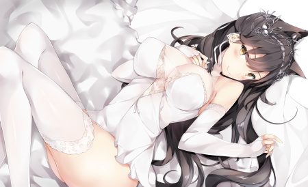 7gao animal ears anthropomorphism atago (azur lane) azur lane black hair blush breasts brown eyes cleavage elbow gloves garter belt gloves long hair see through thighhighs wedding attire