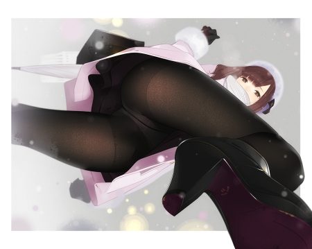 ama mitsuki brown eyes brown hair gloves hat original panties pantyhose skirt snow underwear upskirt