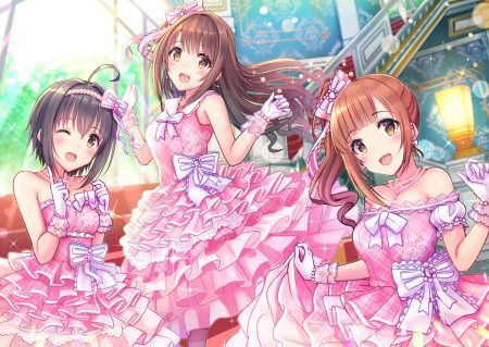 black hair blush bow brown eyes brown hair dress gloves idolmaster idolmaster cinderella girls igarashi kyouko kohinata miho long hair ponytail shimamura uzuki short hair u rin wink