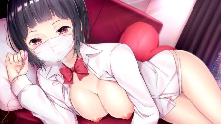 aliasing black hair bow breasts couch mask nipples open shirt original panties pink eyes school uniform shirt short hair signed underwear vibrator yori dai