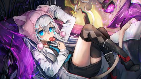 animal ears aqua eyes bed boots candy catgirl collar dragon gray hair hat kajaneko lollipop long hair skirt soul worker stella unibell tail thighhighs tie