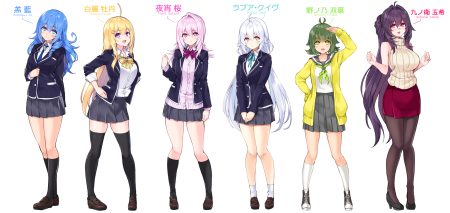 aqua eyes aqua hair blonde hair blush bow breasts cu-no glasses green eyes green hair group hakurei botan hisen kaede kneehighs kohitsuji ai kokonoe tamaki long hair nonono futaba pantyhose pink eyes pink hair purple eyes purple hair rapua qive school uniform short hair skirt socks thighhighs tie white white hair yayoi sakura yellow eyes zettai ryouiki