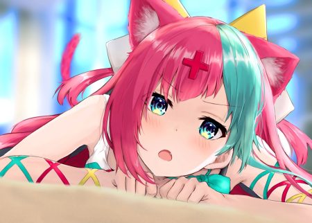 animal ears aqua eyes blush catgirl close fang haru (re ilust) long hair pink hair pinky pop hepburn tail the moon studio