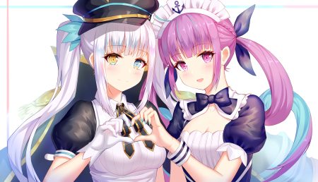 2girls aaeru bicolored eyes bow braids gloves hat headdress hololive kagura gumi kagura mea long hair minato aqua pink eyes pink hair twintails white hair wristwear