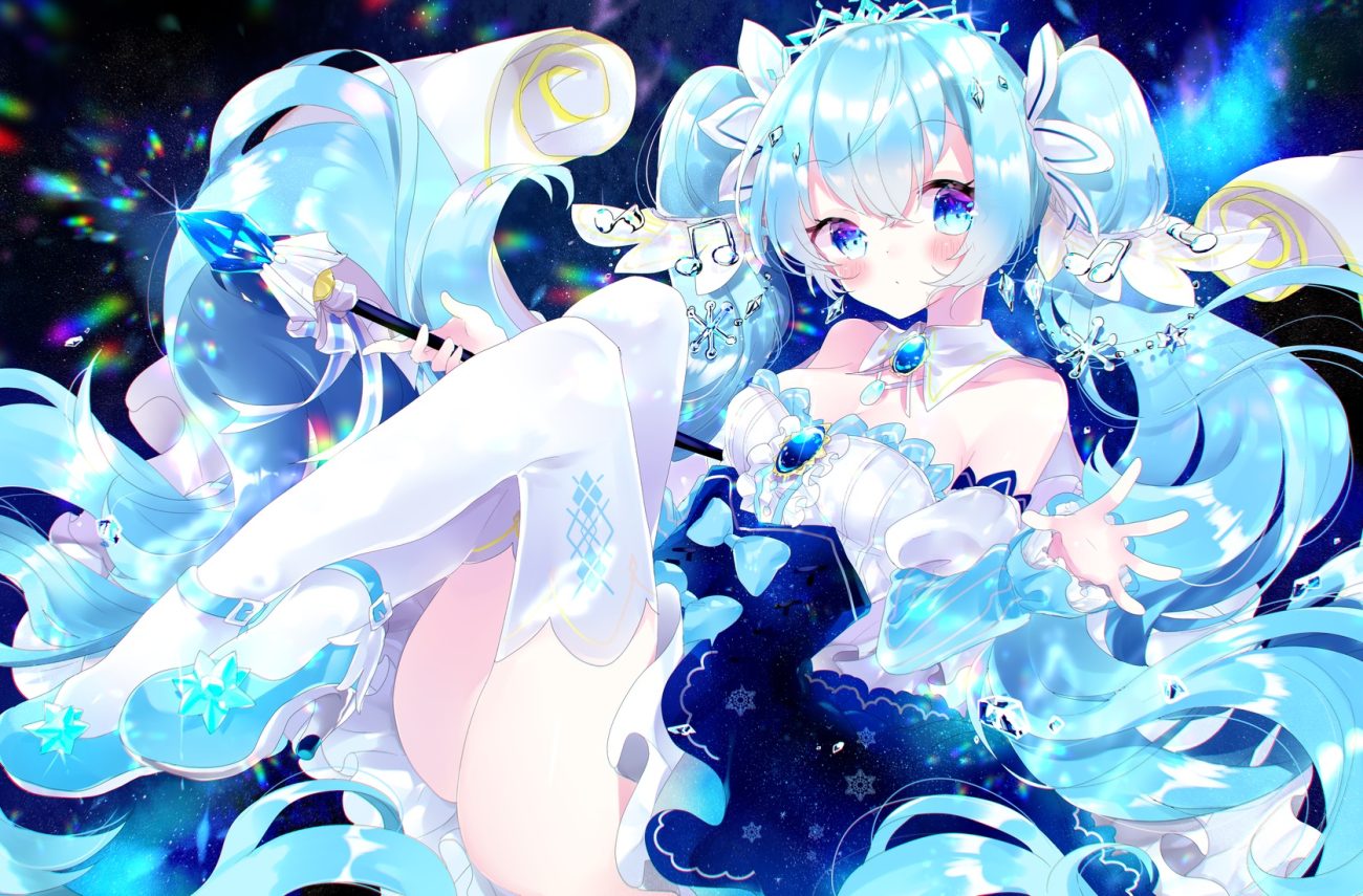 aqua eyes aqua hair blush dress hatsune miku long hair remimim thighhighs twintails vocaloid wand yuki miku
