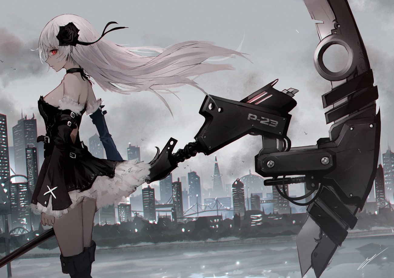 boots building choker city dress erospanda gothic long hair original red eyes scythe signed sky water weapon white hair