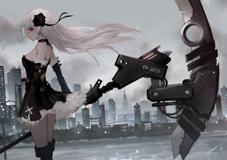 boots building choker city dress erospanda gothic long hair original red eyes scythe signed sky water weapon white hair