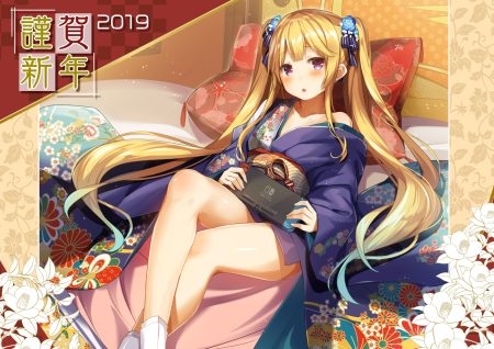 aqua eyes blonde hair blush flowers game console japanese clothes kimono long hair original socks twintails yu-yuuki