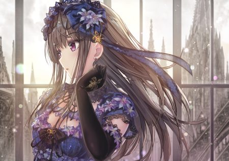 brown hair building city close elbow gloves gloves headdress lolita fashion long hair missile228 original purple eyes sky