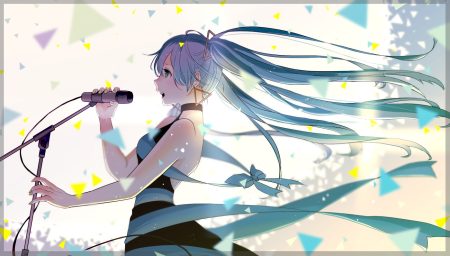 aliasing blue hair bow dress green eyes hatsune miku long hair microphone ribbons twintails vocaloid yamamoto makuya
