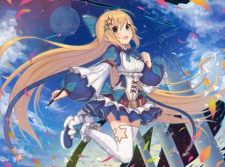 aliasing blonde hair bow clouds dress green eyes long hair neme1228 original petals sky thighhighs