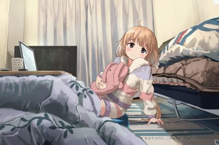 blonde hair blush brown eyes bunny computer futaba anzu hood idolmaster idolmaster cinderella girls kamemaru kotatsu loli long hair pajamas shorts twintails